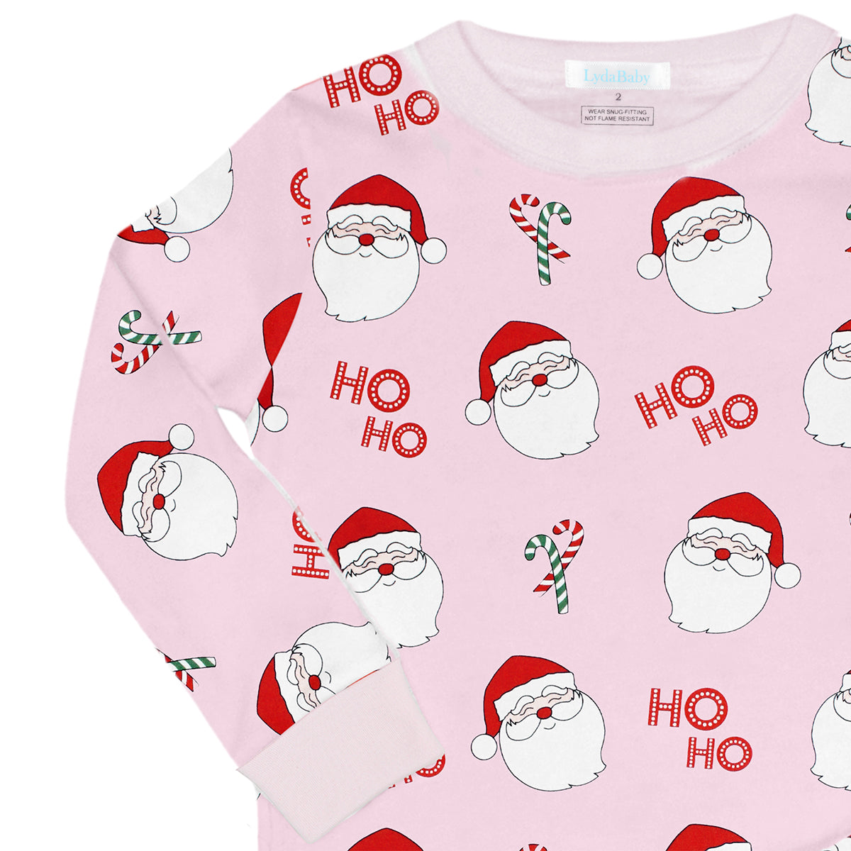 Girl pink baby pajama set with Santa faces and Ho Ho print from Santa Collection