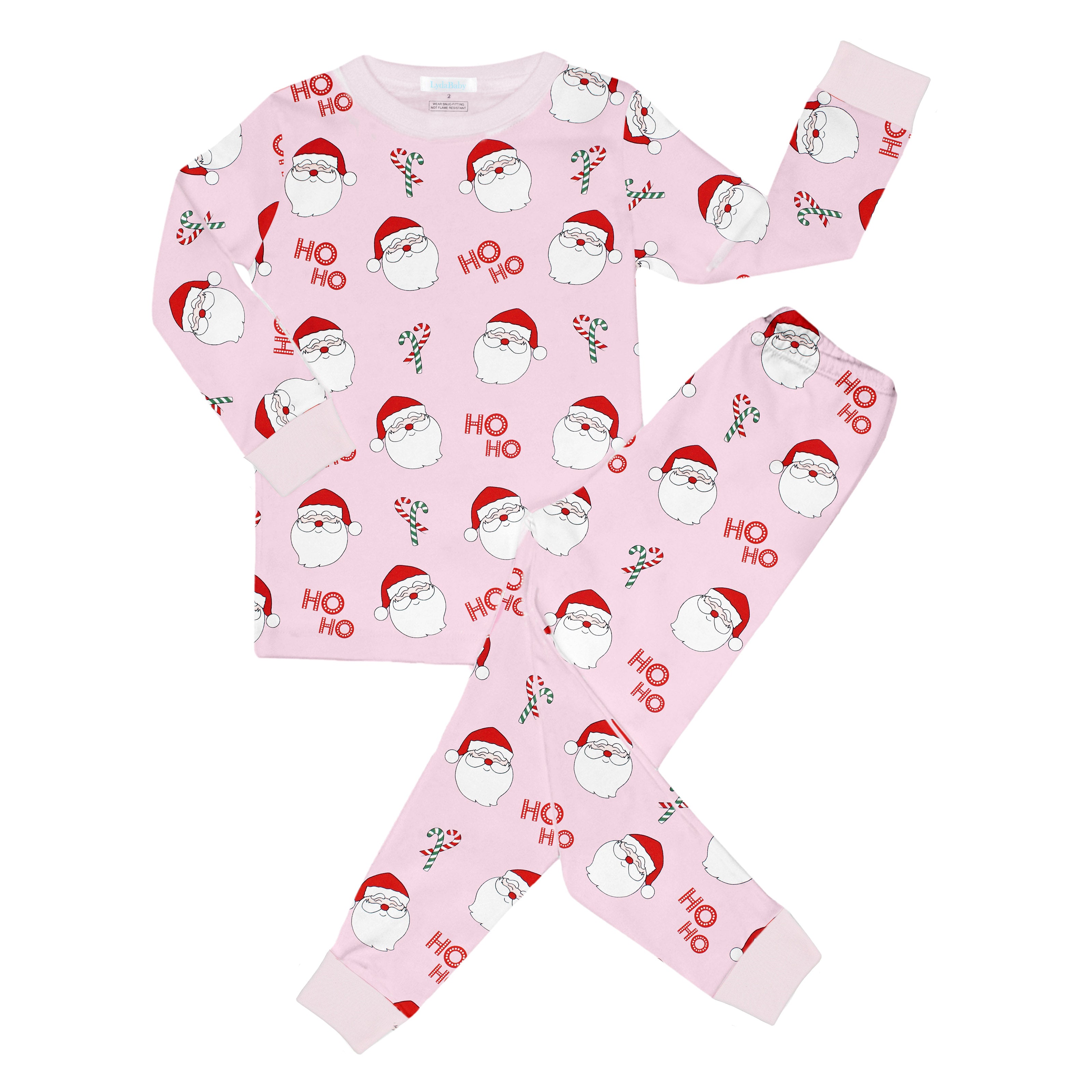 Girl pink baby pajama set with Santa faces and Ho Ho print from Santa Collection