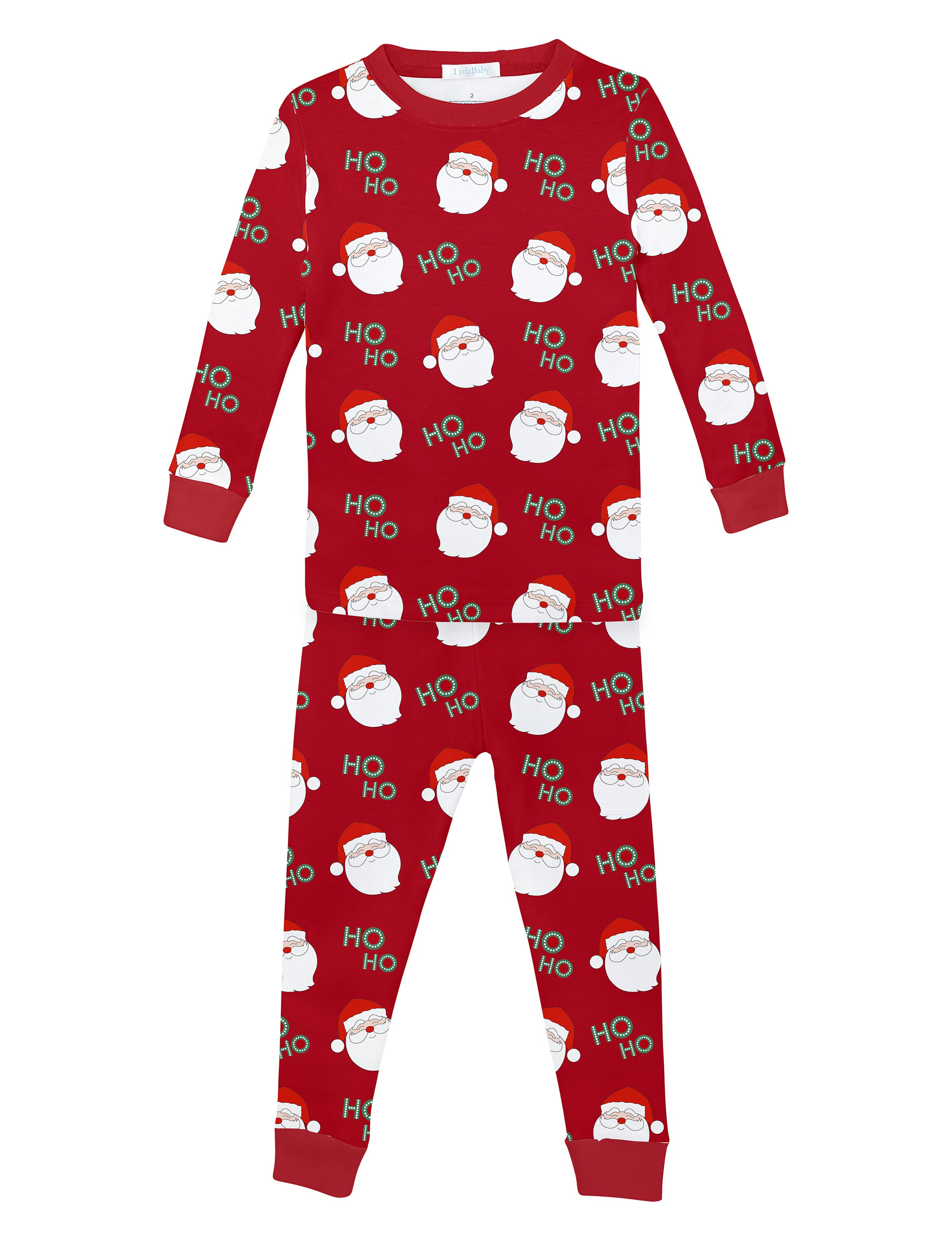 Unisex red baby pajama set with Santa faces and Ho Ho print from Santa Collection