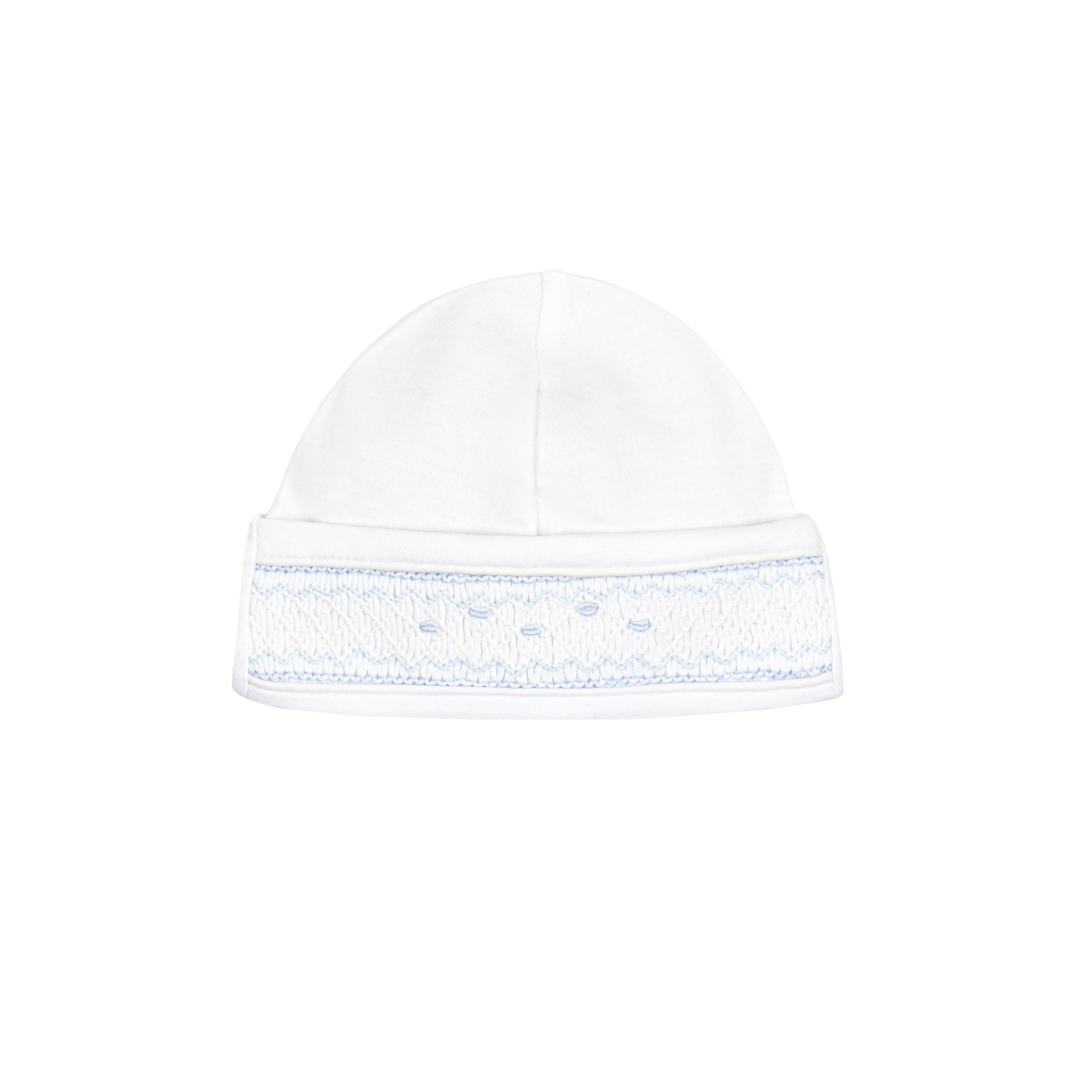  Hand-embroidered light blue seeds design on baby boy hat crafted from organic Peruvian Pima cotton — breathable, soft, and perfect for sensitive skin.
