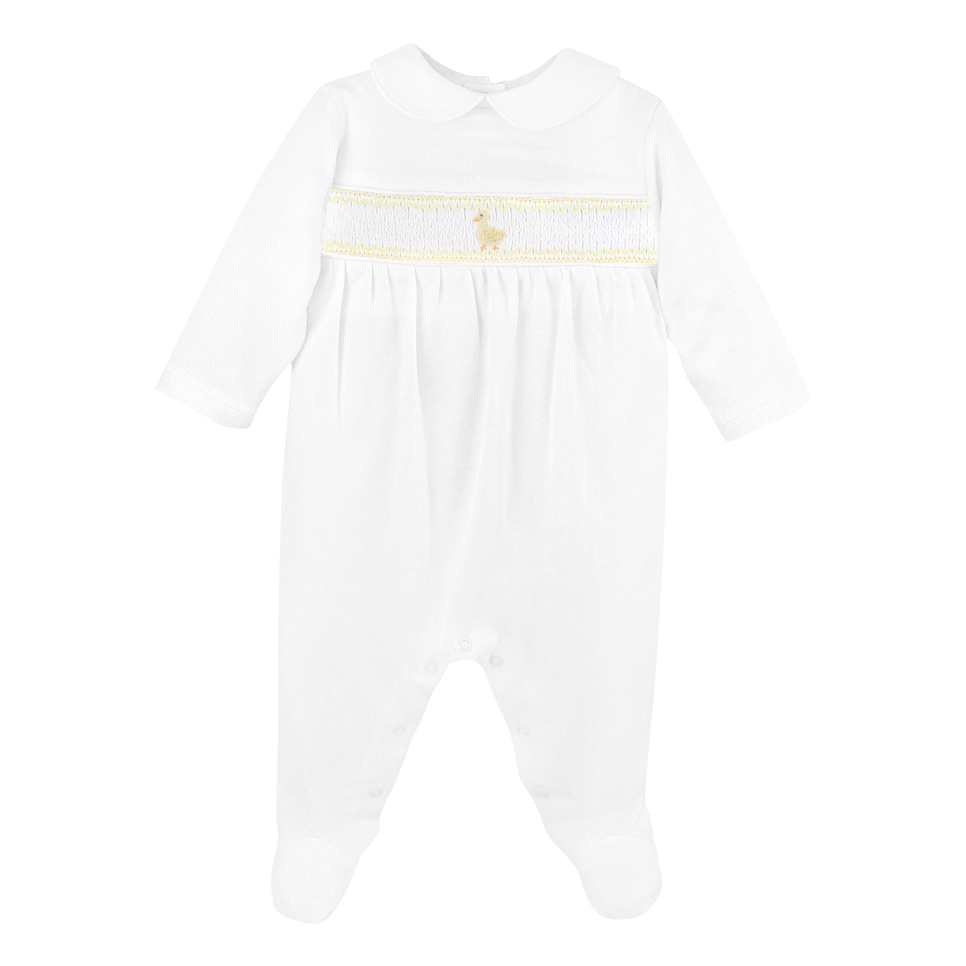 Unisex footie with hand-smocked bath time design across the chest, made from ultra-soft Peruvian Pima cotton — perfect for baby boys and girls.