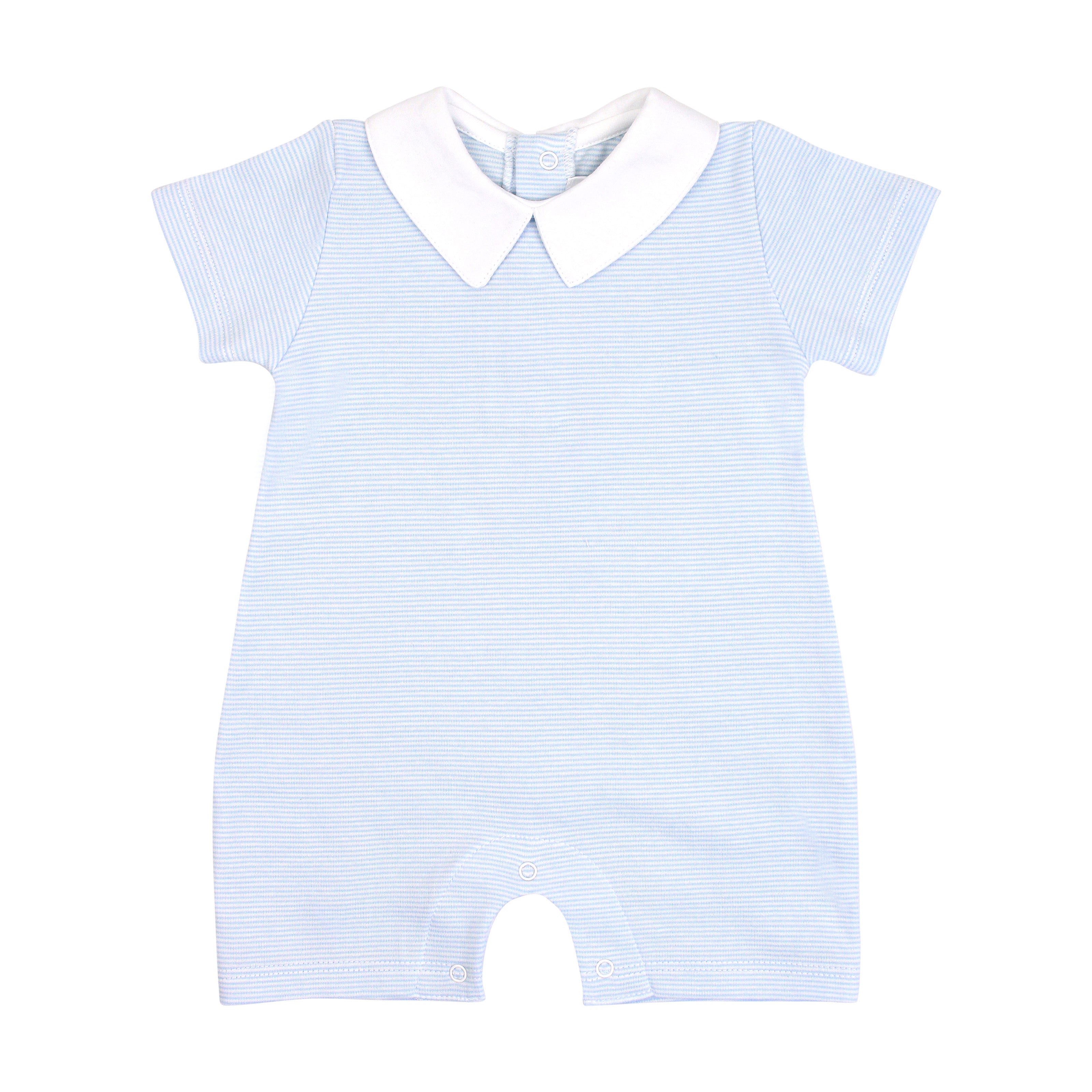  Elegant baby boy romper with collar, crafted from striped Peruvian Pima cotton and delicately hand-embroidered by Peruvian artisans — timeless comfort and style for your little one.
