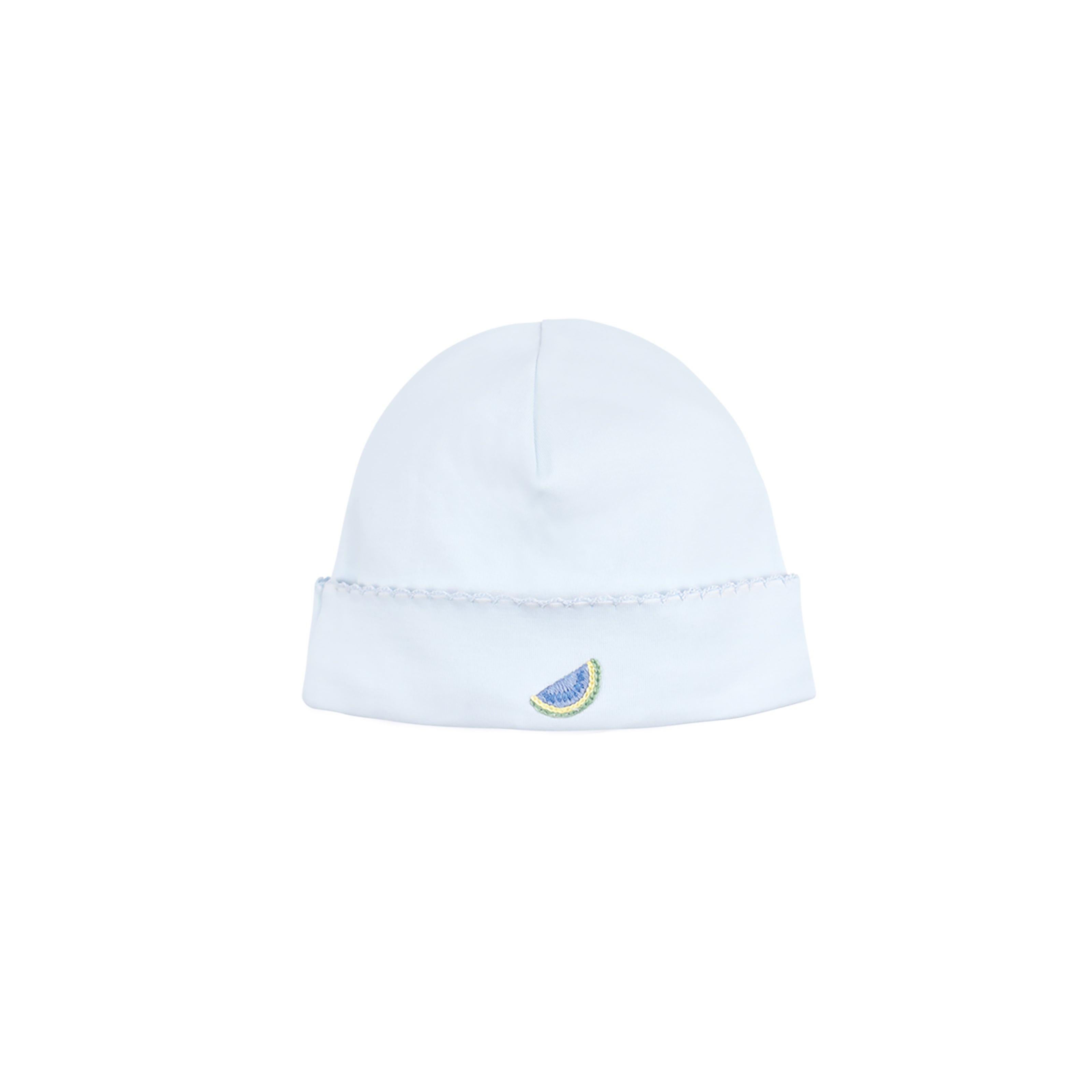  Vibrant summer fruits hand embroidery on baby boy hat made with premium Peruvian Pima cotton — breathable, soft, and skin-friendly.