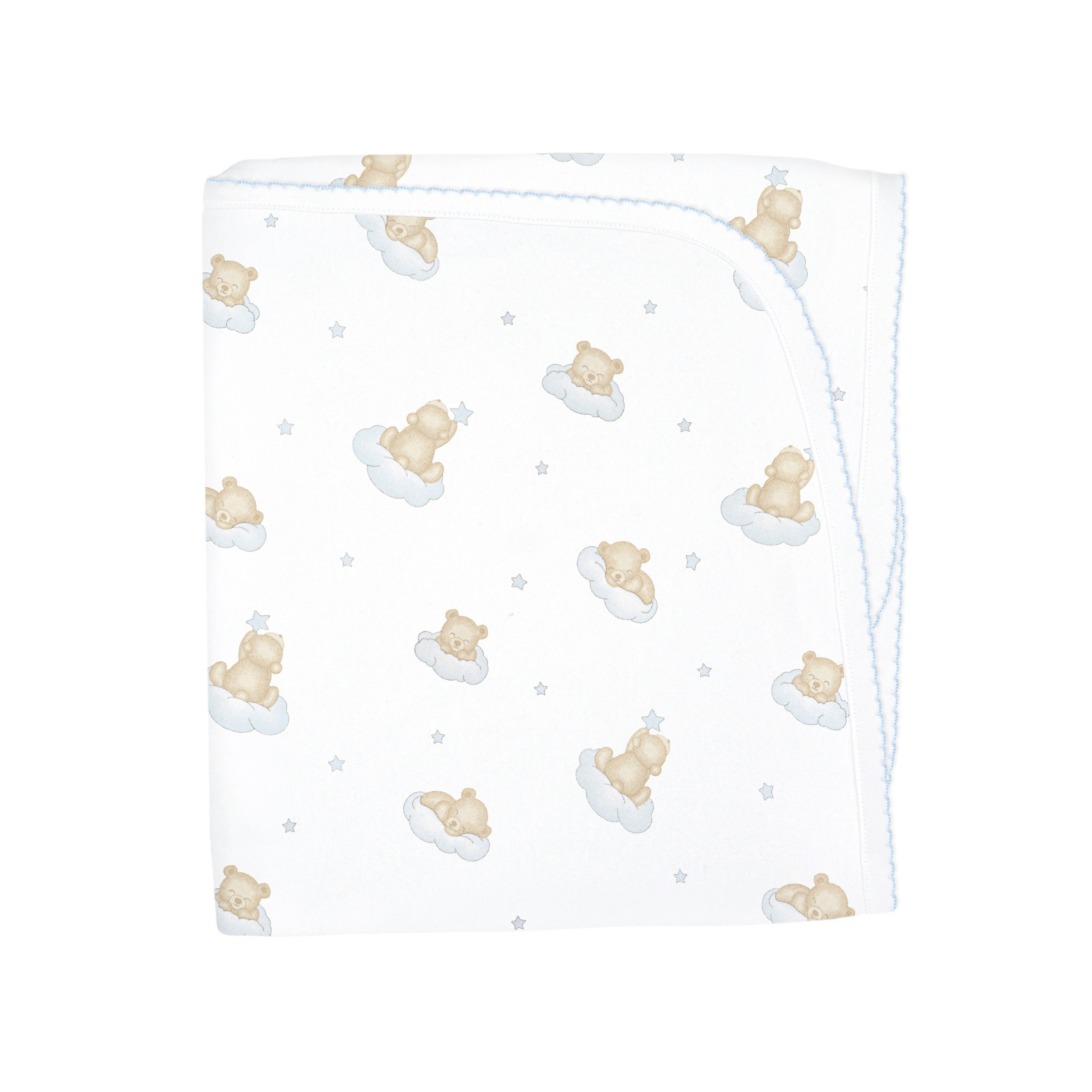 Luxury baby blanket featuring adorable teddy bears resting on clouds in various positions, crafted from ultra-soft Peruvian Pima cotton and finished with full crochet edging for added comfort and elegance.