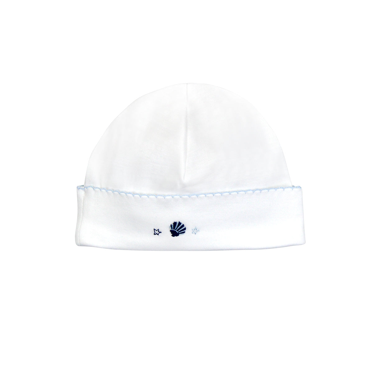 Delicate tiny sea shells hand-embroidered on baby boy hat made from premium Peruvian Pima cotton — soft, breathable, and skin-friendly.
