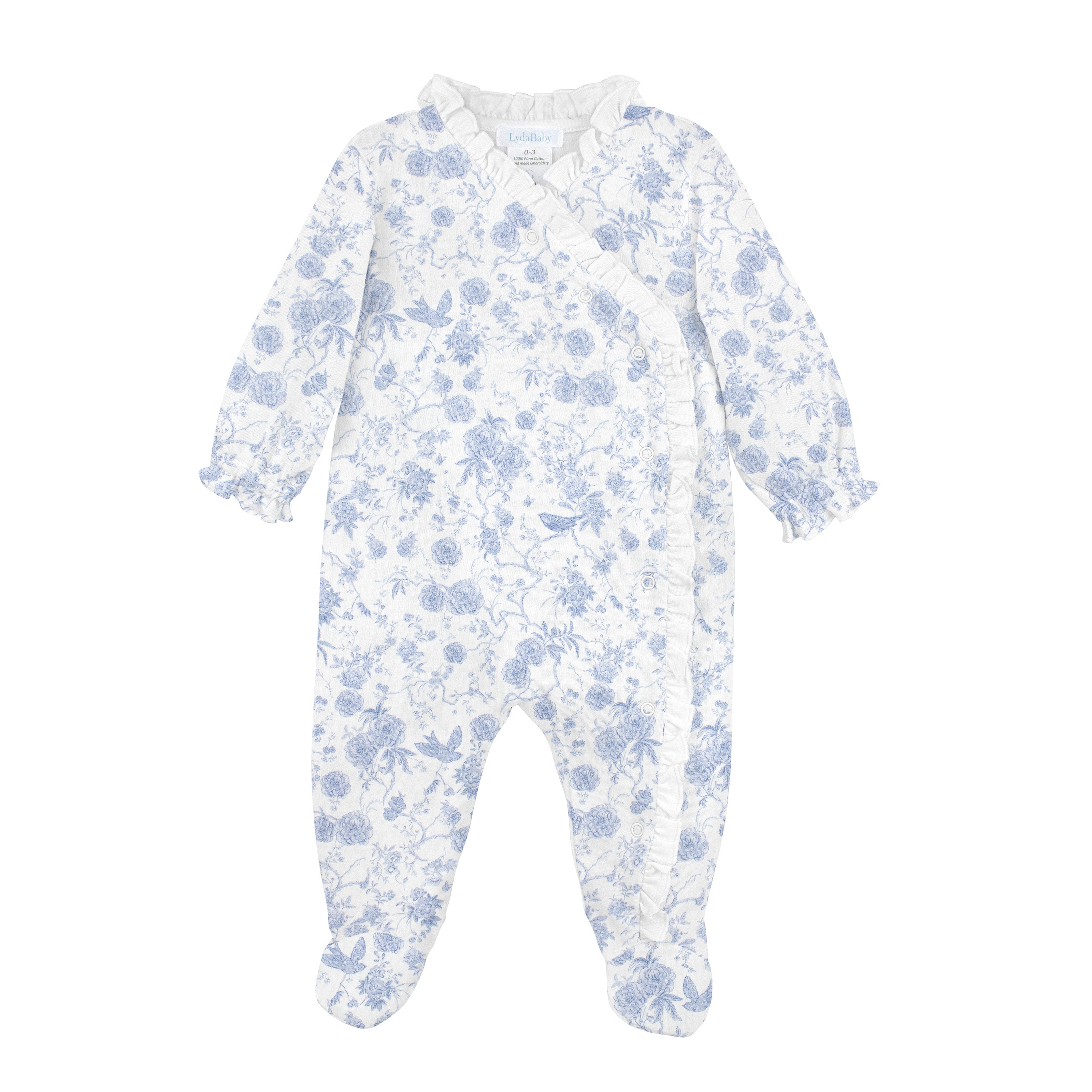 Luxury baby girl snap footie with blue Toile de Jouy floral print in Peruvian Pima cotton.