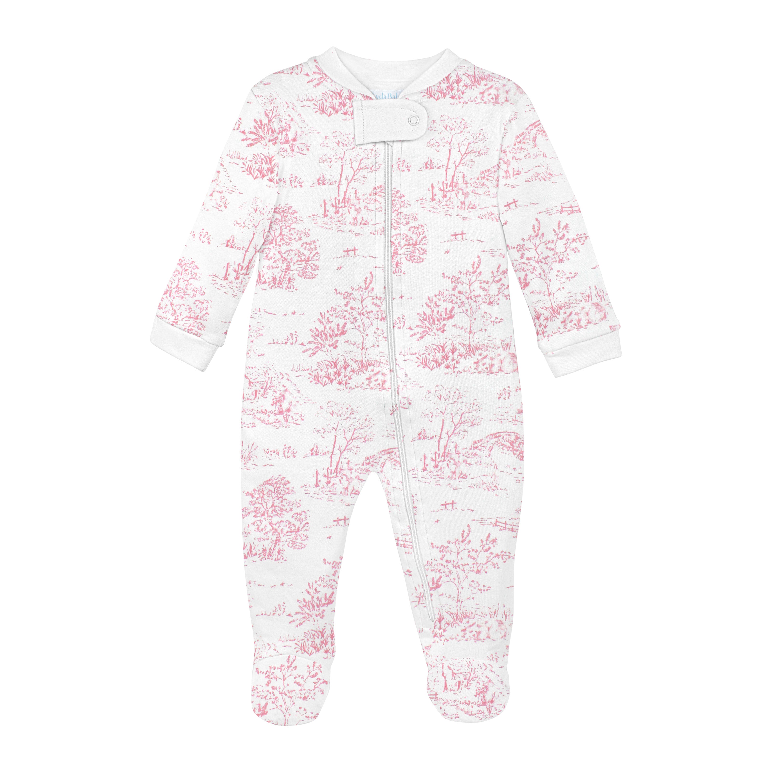 Zipper footie for baby girl with Toile de Jouy print, made from ultra-soft Peruvian Pima cotton — elegant, breathable, and gentle on delicate skin.

