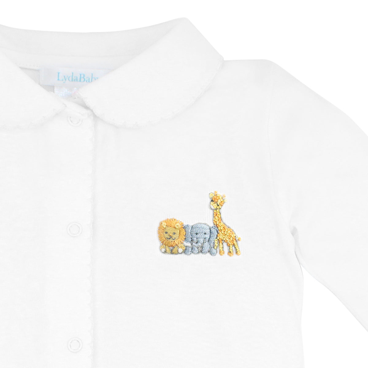 Unisex white baby footie with ruffle collar and hand-embroidered safari animals