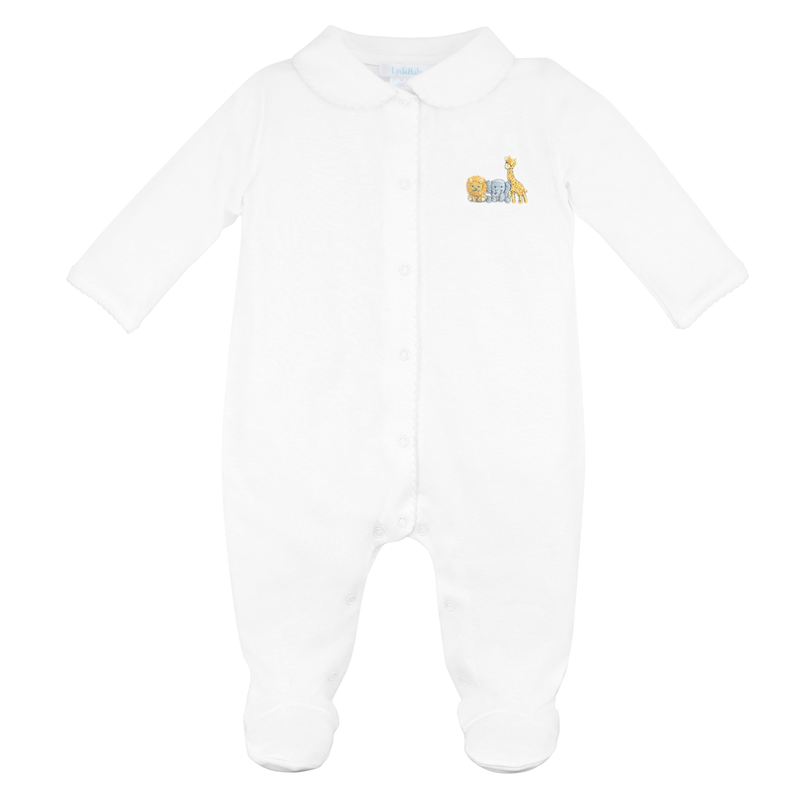 Luxury Peruvian Pima cotton footie with lion, elephant, and giraffe embroidery