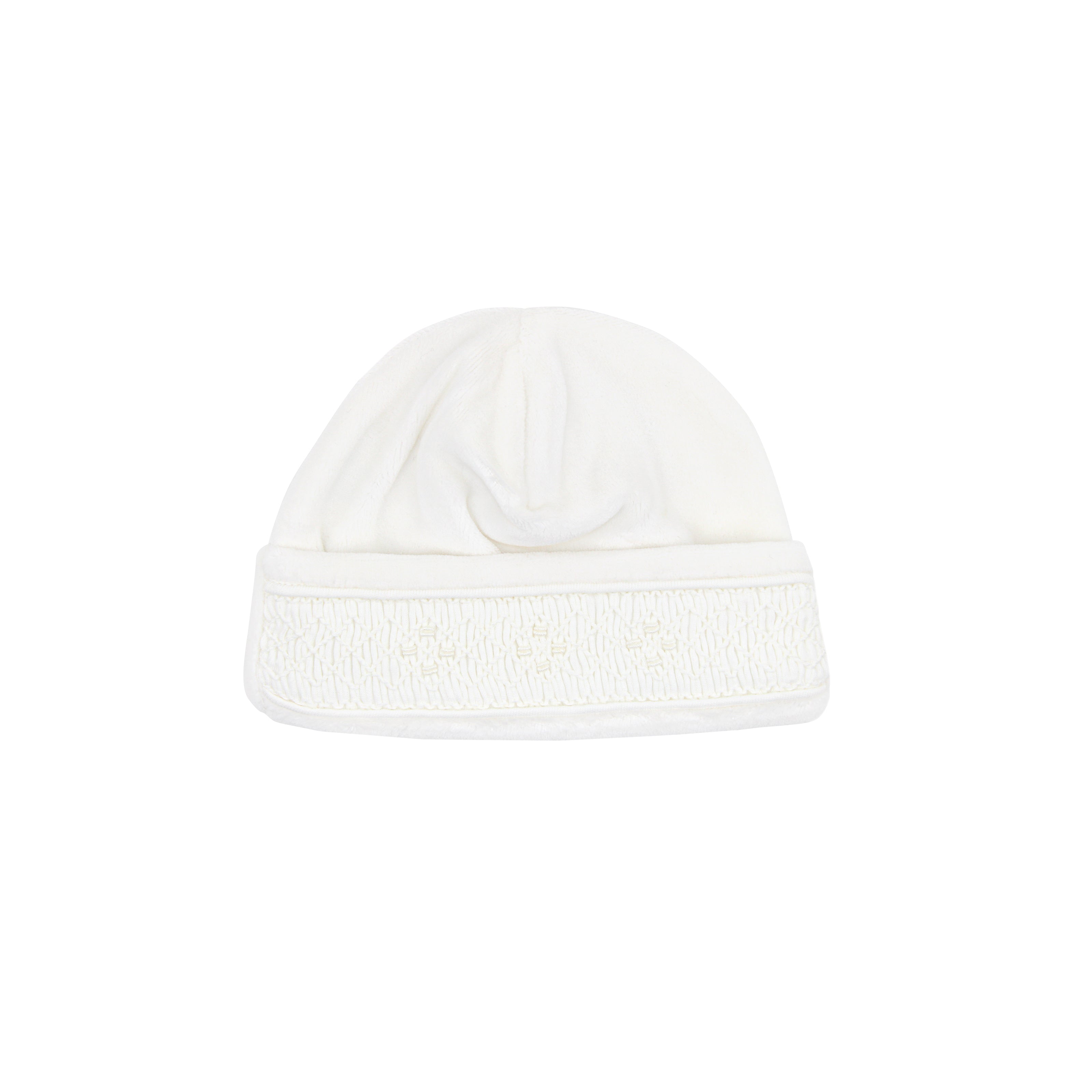 Unisex baby hat in velour with smocked edge and ivory seed embroidery