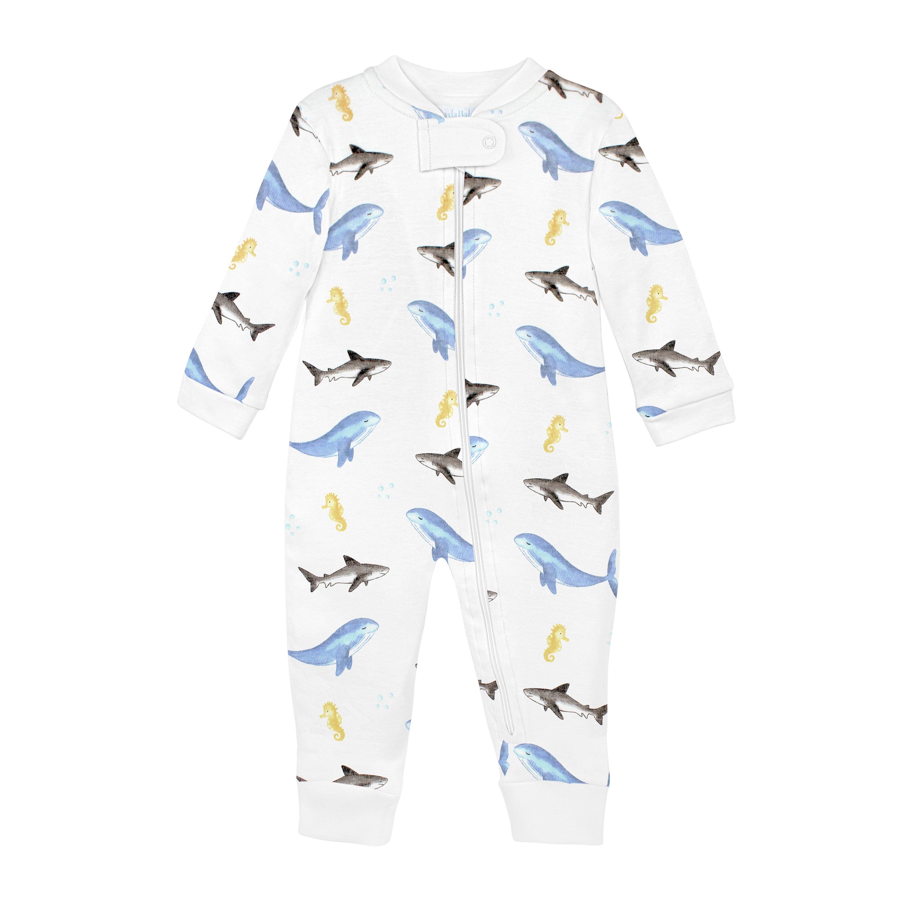  Cute baby boy zipper featuring sea animals print on soft organic Peruvian Pima cotton — breathable, gentle, and perfect for delicate skin.
