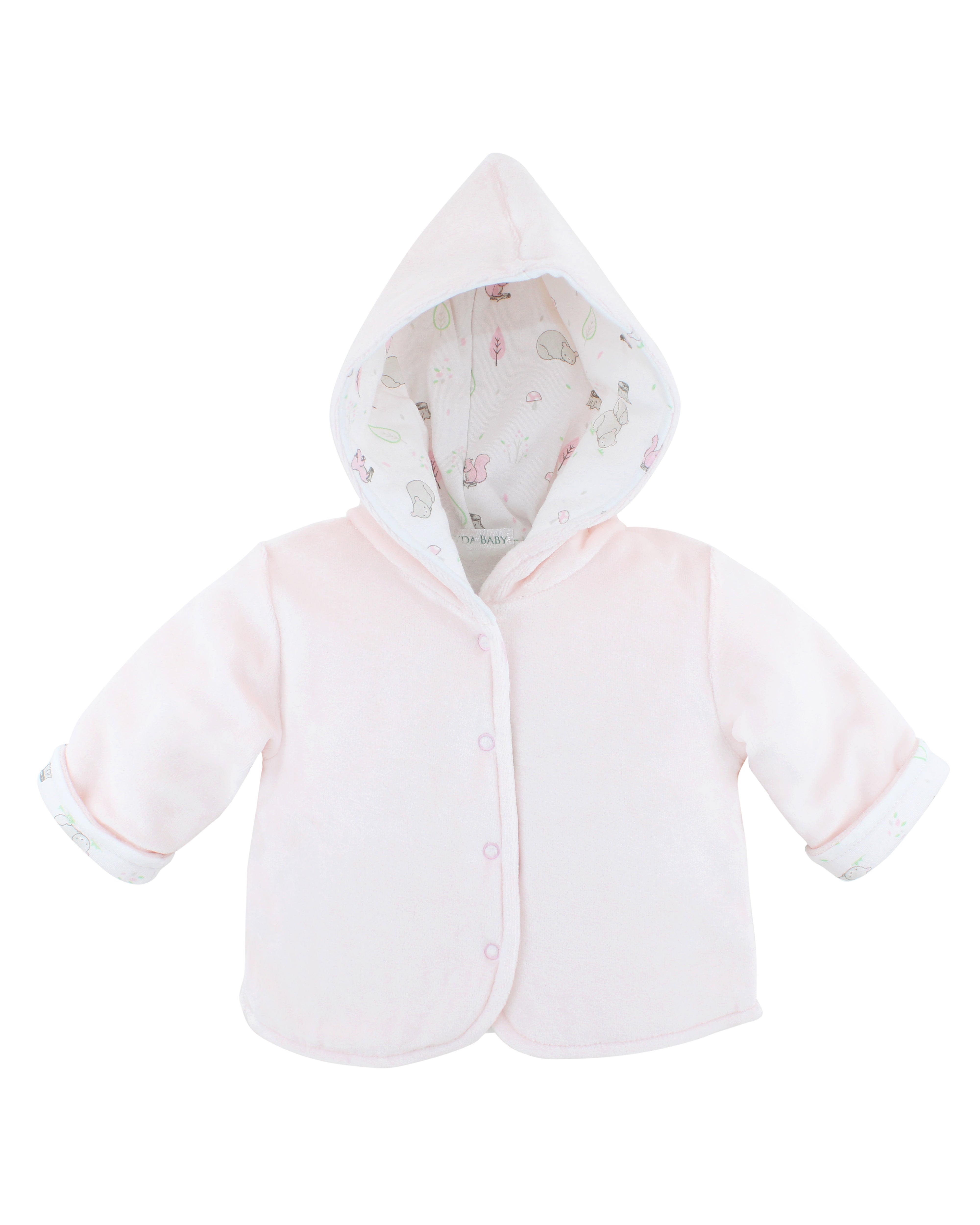 Pink velour baby girl jacket with hood and forest animals printed lining — double-layered and cozy for chilly days.