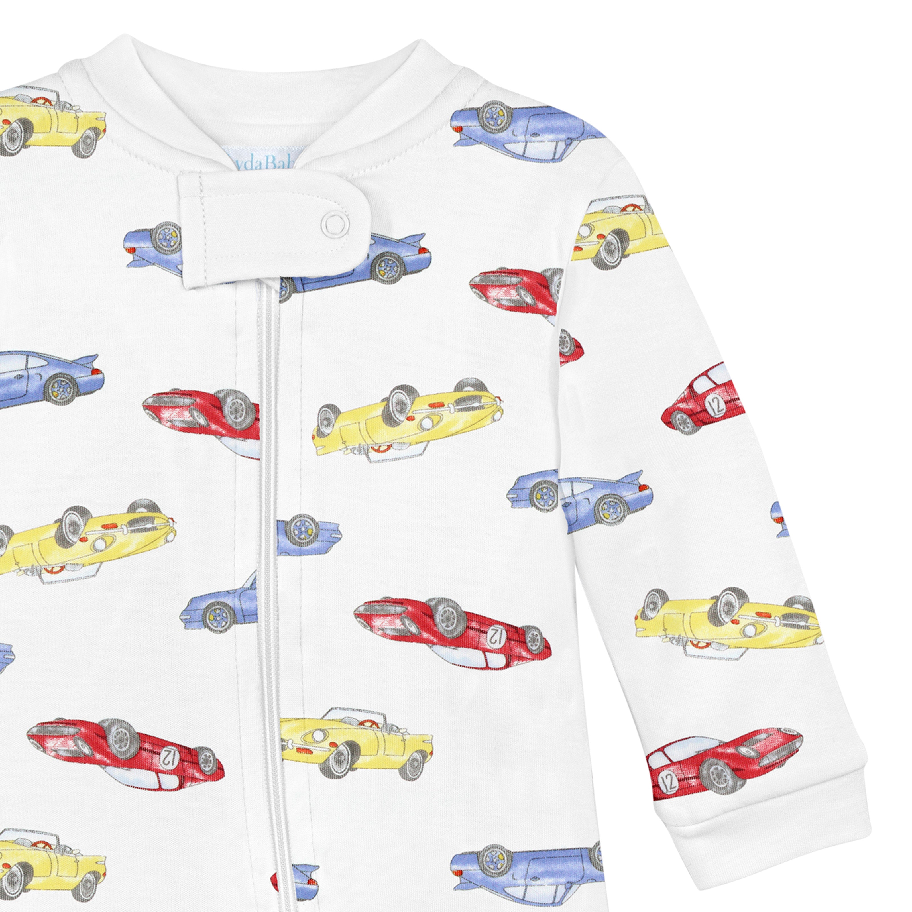 Baby boy zipper footie with watercolor racing cars print made from premium Peruvian Pima cotton.