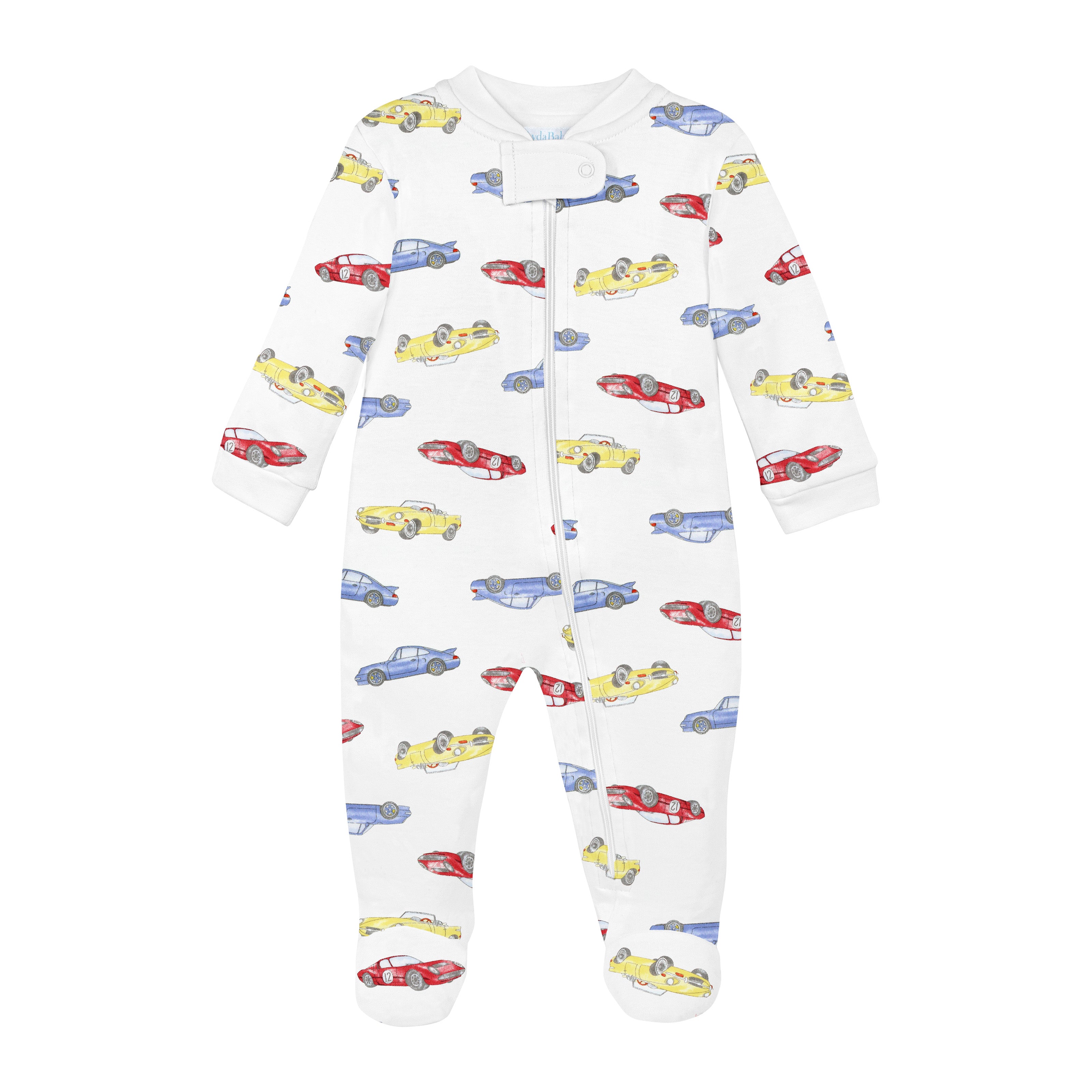 Baby boy zipper footie with watercolor racing cars print made from premium Peruvian Pima cotton. Lydababy
