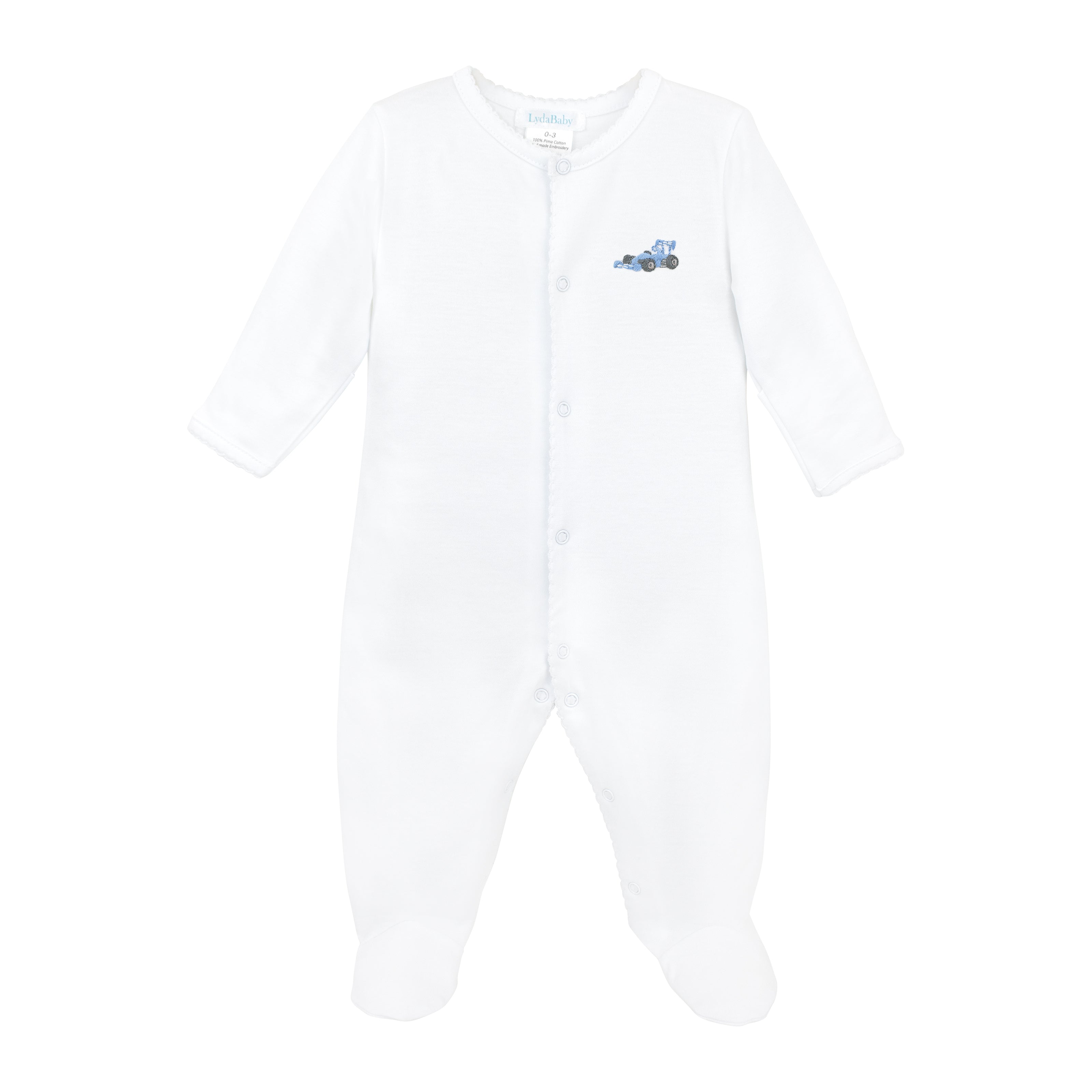 Luxury white newborn footie featuring hand embroidered Formula 1 race car detail crafted in premium Peruvian Pima cotton for exceptional softness and newborn comfort.