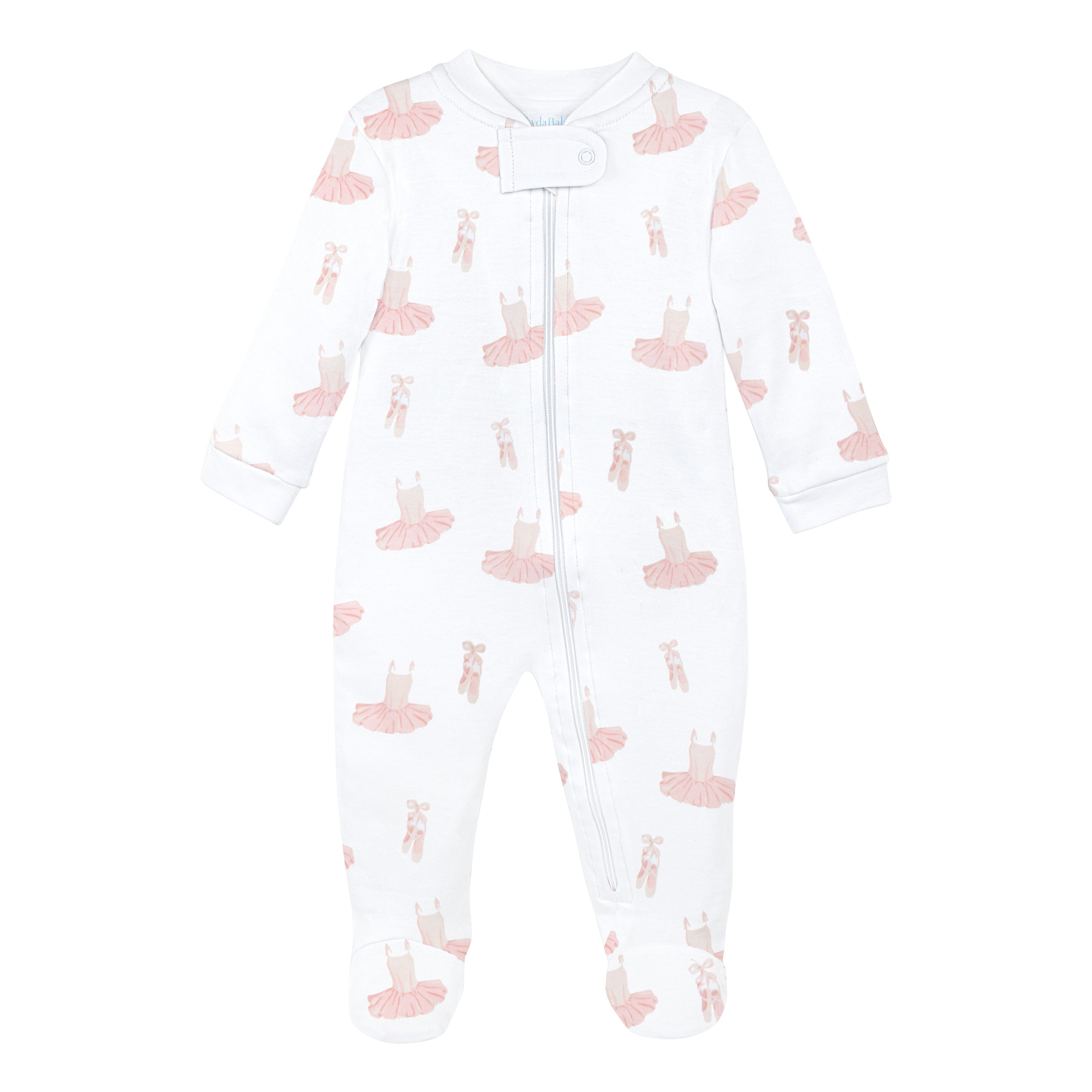 White newborn zipper footie with ballerina dresses print made from Peruvian Pima cotton luxury baby clothes.