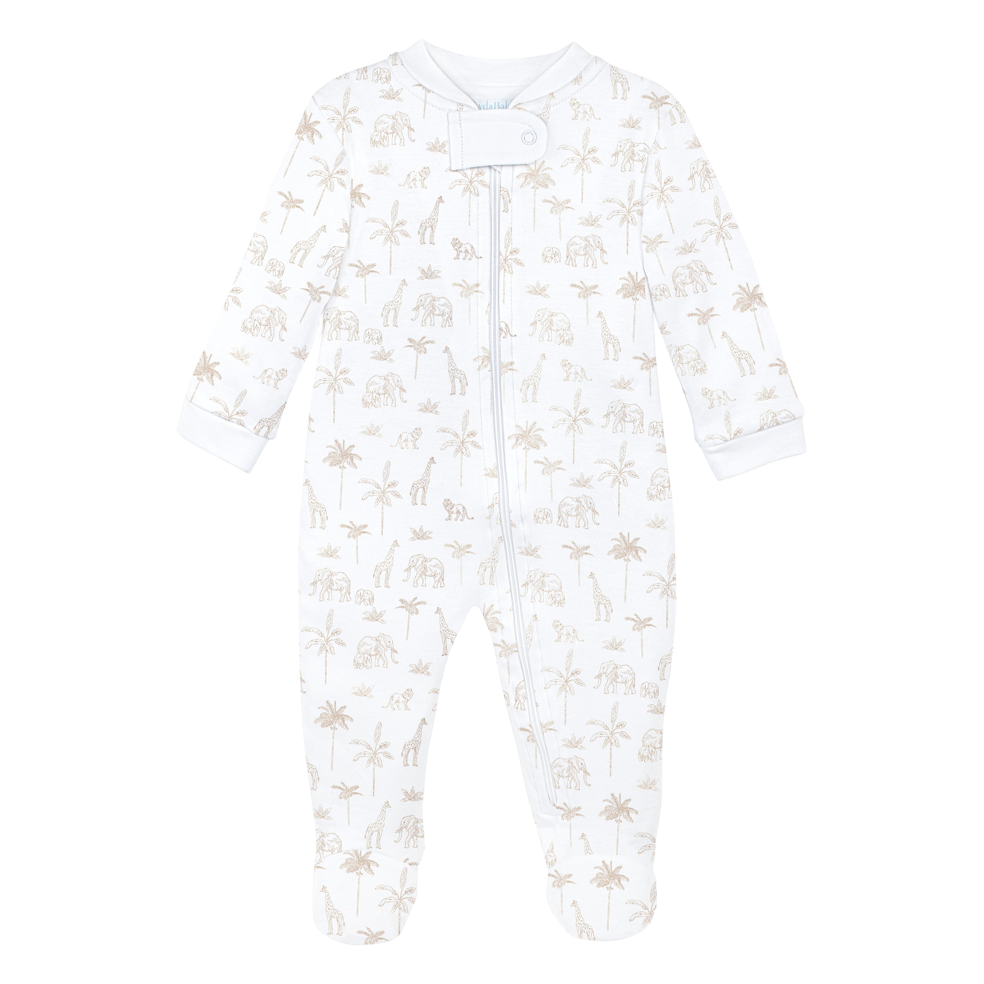 Luxury white newborn zipper footie featuring safari animal print crafted from premium Peruvian Pima cotton.
