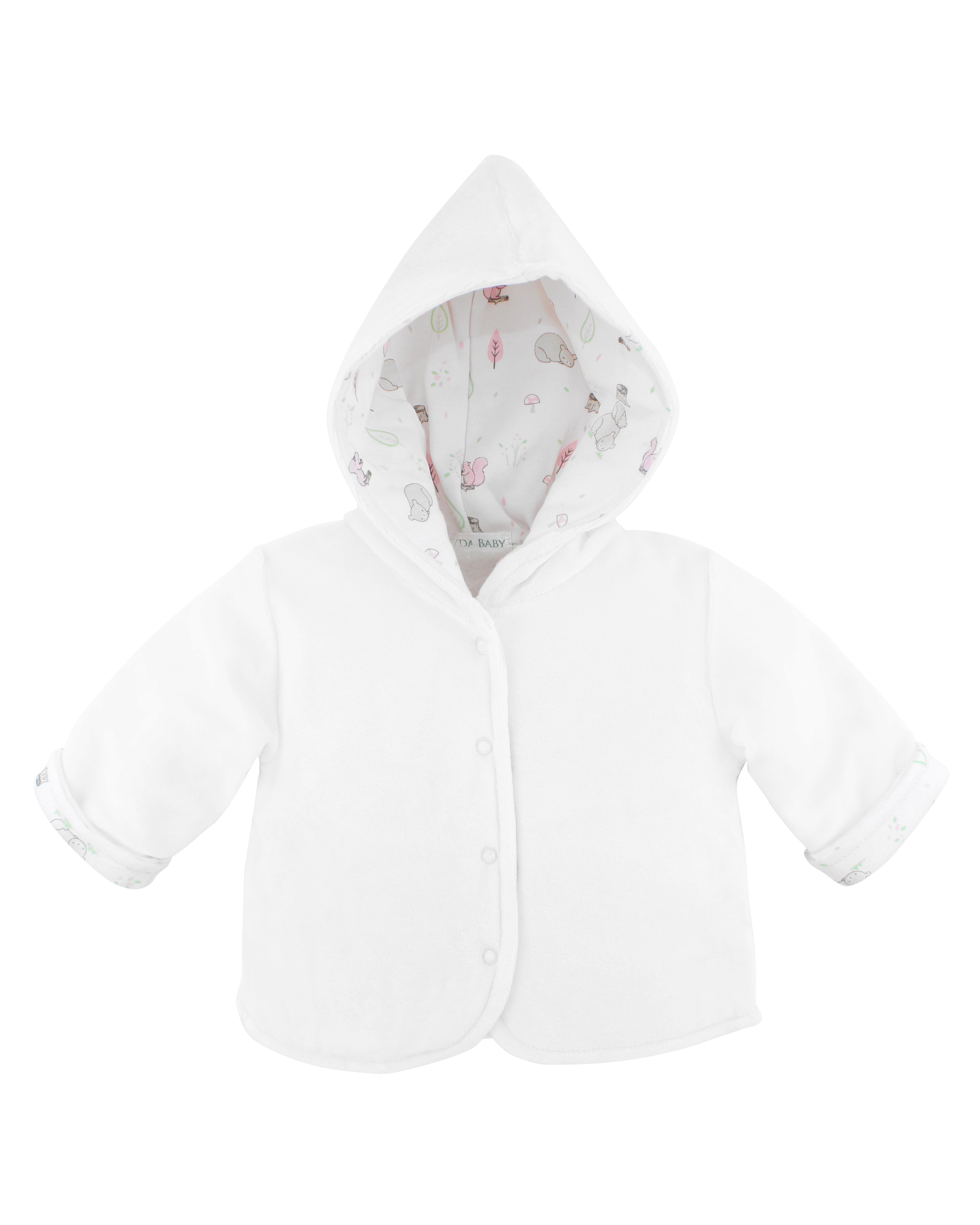 White velour baby girl jacket with pink forest animals lining and hood — soft, warm, and beautifully detailed for cooler outings.