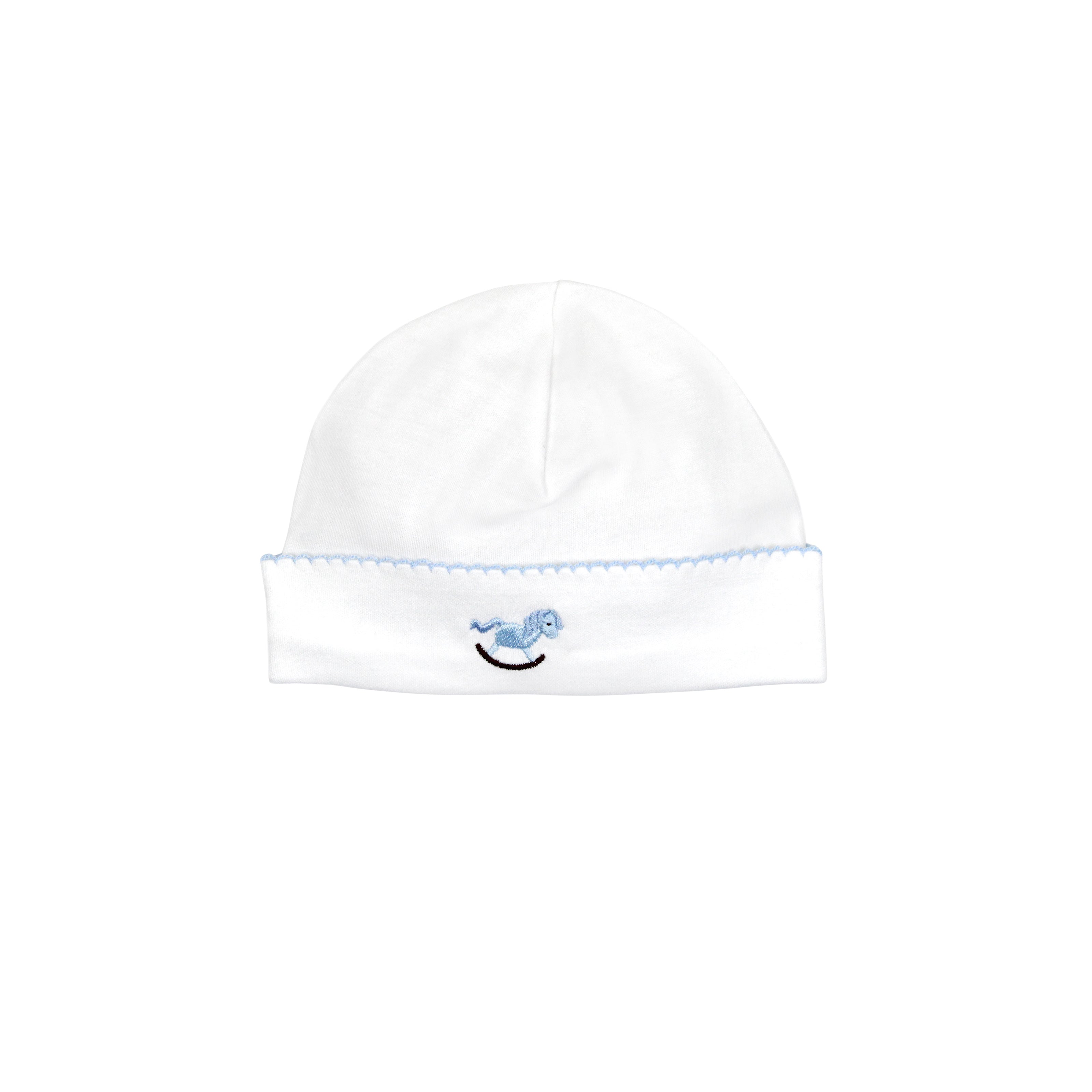  Whimsical woodhorse hand embroidery on baby boy hat made from premium Peruvian Pima cotton — soft, breathable, and skin-friendly.
