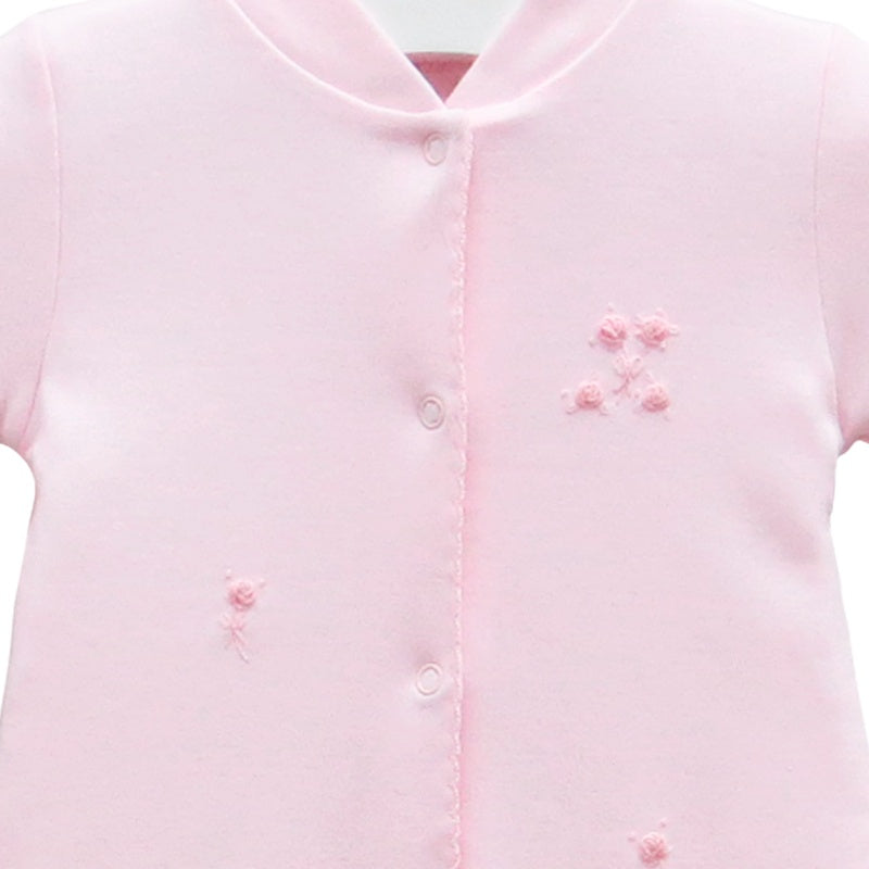 Pink Baby Girl Sweet Roses Pima Cotton Footie With Embroidered Details - close up