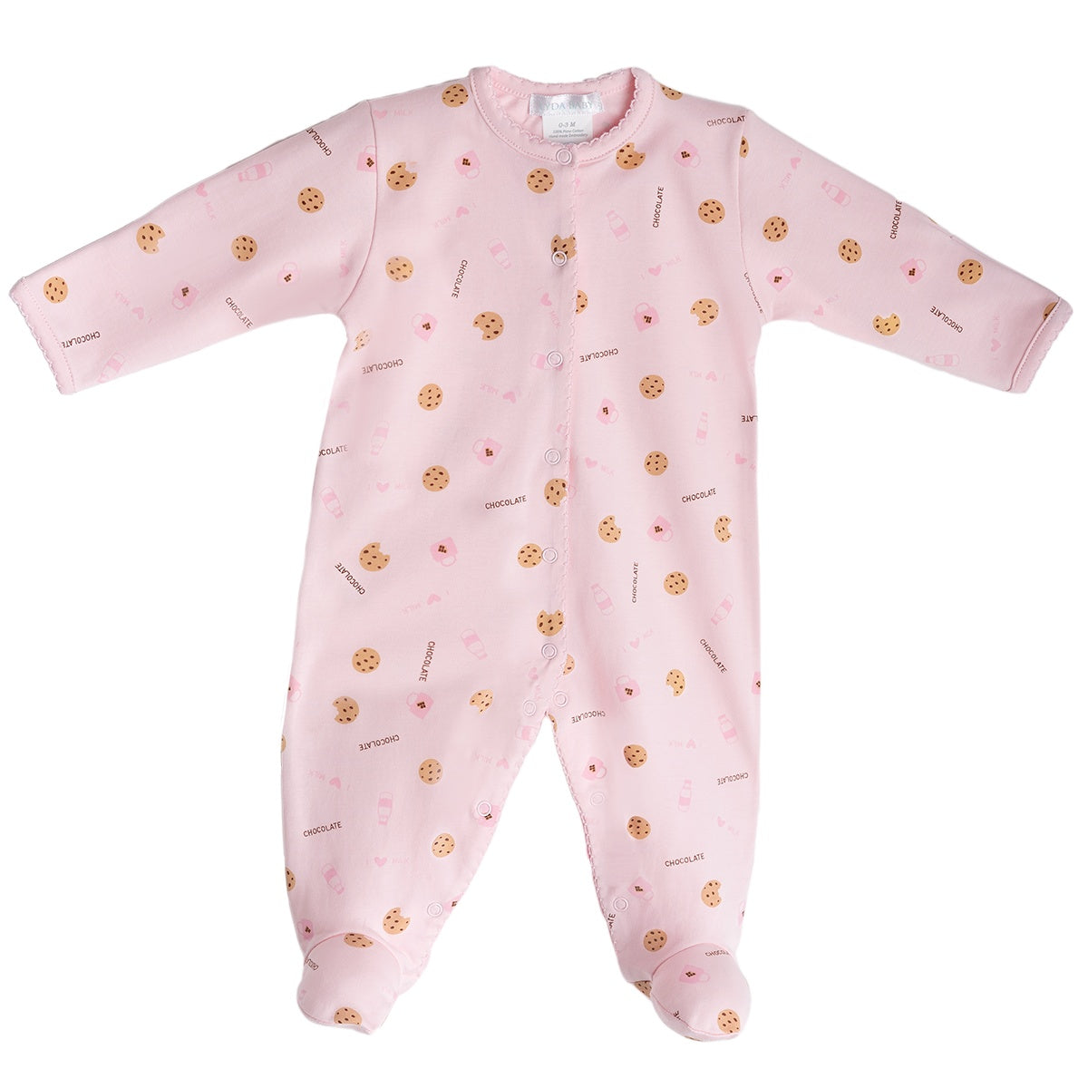 Pink pima cotton baby footie with cookies print