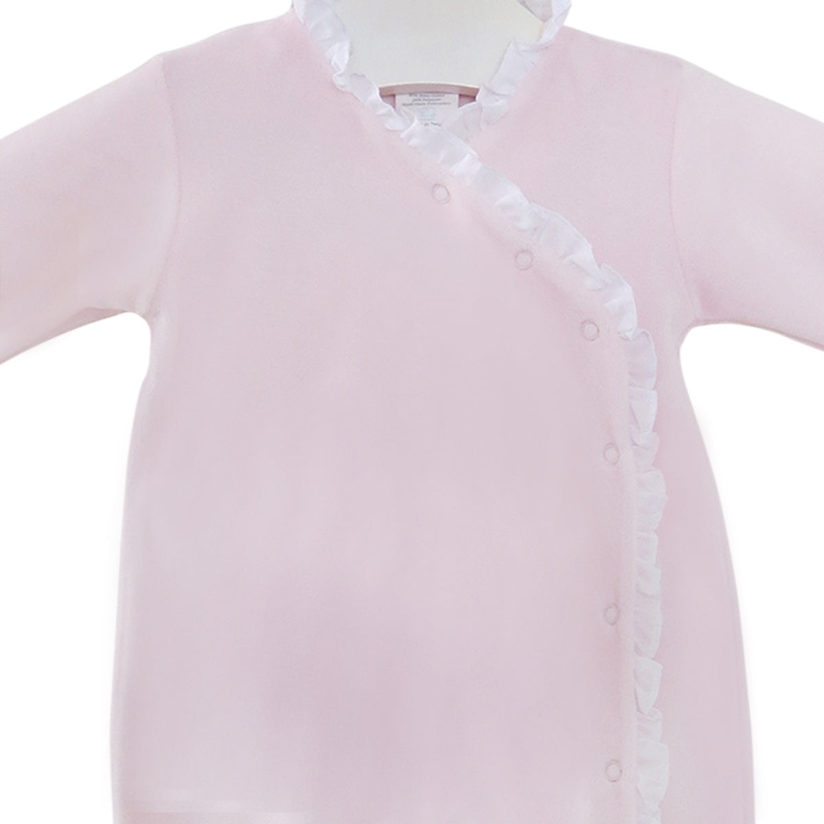 Pink pima cotton velour baby girl footie with white trim - close up