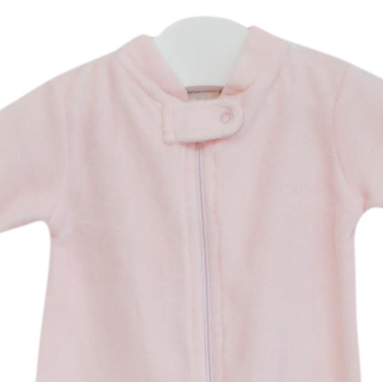 Pink pima cotton velour baby girl footie with zippers - close up
