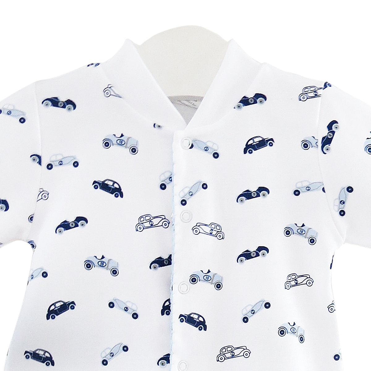 White Pima Cotton Footie for Baby Boy with Vintage Cars Print - zoomed in