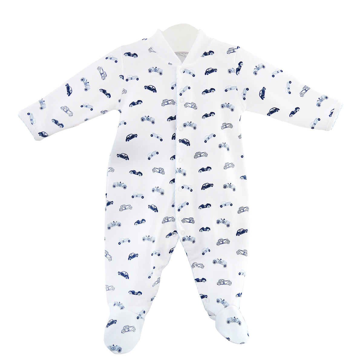 White Pima Cotton Footie for Baby Boy with Vintage Cars Print